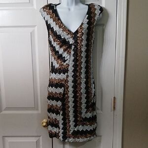 Bebe Elegant Black white gold sequin bodycon holiday party Dress Sz S NWOT